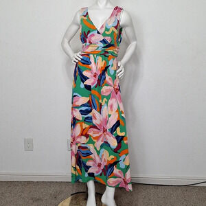 Pappagallo "NEW" Green Pink Multicolor Bohemian Tropical Floral Maxi Dress Sz. S